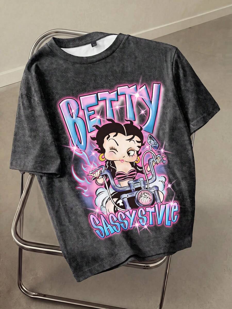 Betty Boop x SHEIN Plus Size Women's Round Neck Letter Cartoon Print Casual Versatile Daily Outing Short Sleeve T-Shirt - White - View 1