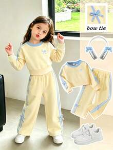 Playful Pals Girls Spring Fall Long Sleeve Long Pants Sports Bow Ribbon Knit Sweatshirt 2 Piece Set - Yellow - View 1