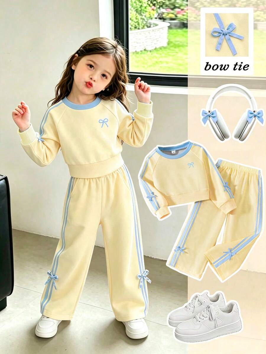 Playful Pals Girls Spring Fall Long Sleeve Long Pants Sports Bow Ribbon Knit Sweatshirt 2 Piece Set - Yellow - View 1
