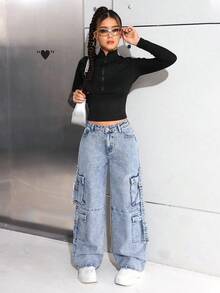 SHEIN 少女Y2K时尚水洗高腰宽松阔腿工装牛仔裤，带实用口袋，百搭风格，冬季街头服饰 - 中等水洗藍 - 查看 5