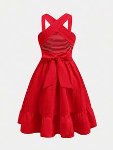 SHEIN Tween Girls' Commuting Fashion Cute Loose Elegant Dress - Red - View 5