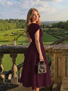 SHEIN MOD Women's V-Neck Cap Sleeve Burgundy Dress Elegant Vintage Picnic Party Summer.Halloween.Back To School. - Burgundy - View 4