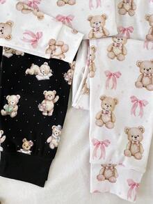 SHEIN Tween女孩4件組粉色浣熊與黑熊圓領長袖上衣與長褲套裝，柔軟舒適居家休閒睡衣套裝，秋冬長袖長褲居家服套裝，Tween女孩修身款 - 彩色 - 查看 4