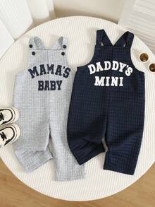 SHEIN 中性新生兒嬰兒男/女嬰、幼兒 2件組加厚休閒可愛親子標語圖案秋季連身衣套裝，嬰兒冬季衣物，冬季連身衣 - 藏蓝色 - 查看 3