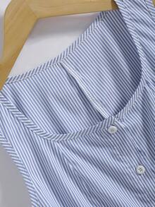 Teen Girls Casual Commute Fashion Elegant Square Neck Sleeveless Button Front Striped Pattern Versatile Spring Summer Blouse Shirt - Blue - View 6