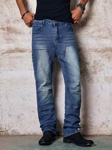 Skyrend Men's Washed Solid Black & Grey Elastic Patchwork Slim Fit Flared Jeans, Korean High Street Style Fall/Autumn/Winter Grunge - Blue - View 1
