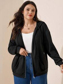 Comfylo Plus Size Women's Solid Color Long Sleeve Zipper Front Drawstring Casual Hooded Jacket Winter - Black - View 3