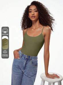 SHEIN BASICS 1件女款純色修身休閒細肩帶背心上衣 白色上衣 - 軍綠色 - 查看 13