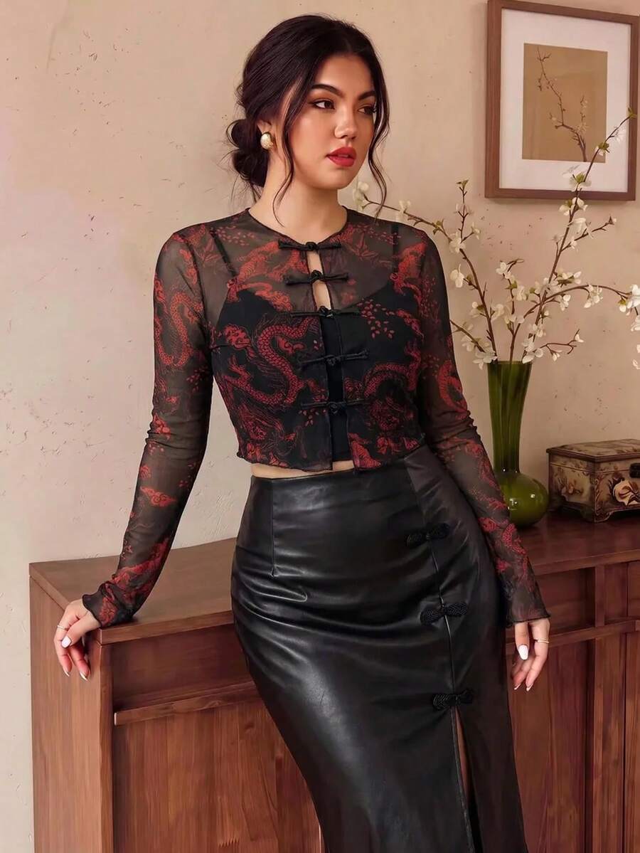 EastFlair Plus Size Women's Fashion Dragon Print Sheer Top Night Party Black Autumn Sexy Fall - Black - View 1