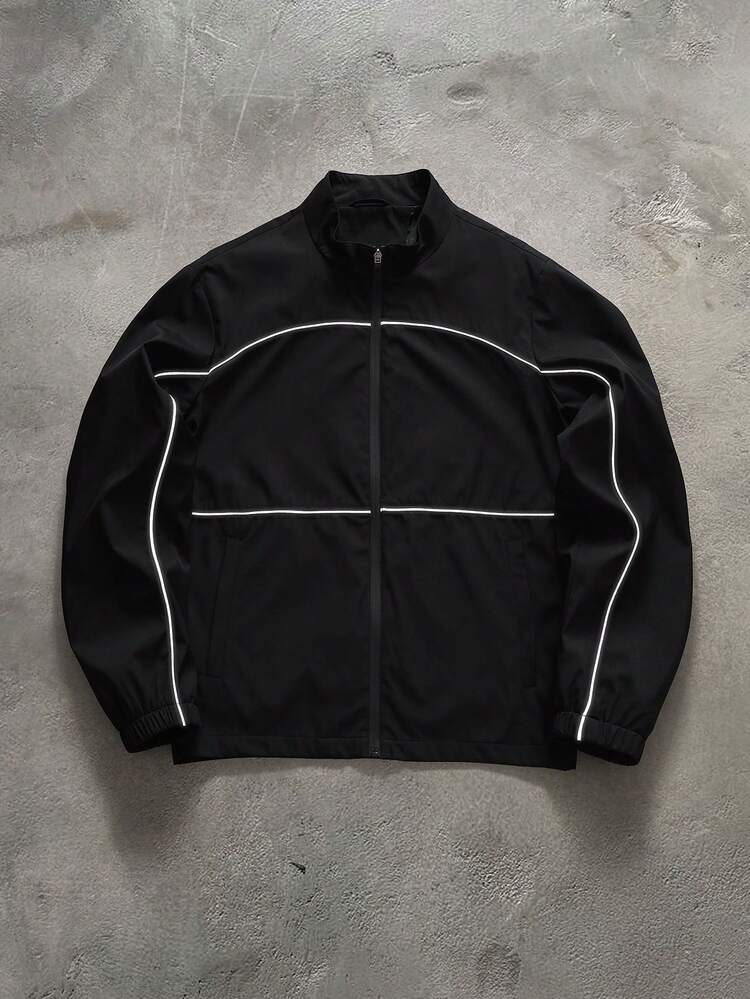PAVTROS Men's Long Sleeve Zipper Placket Casual Reflective Jacket - Black - View 1