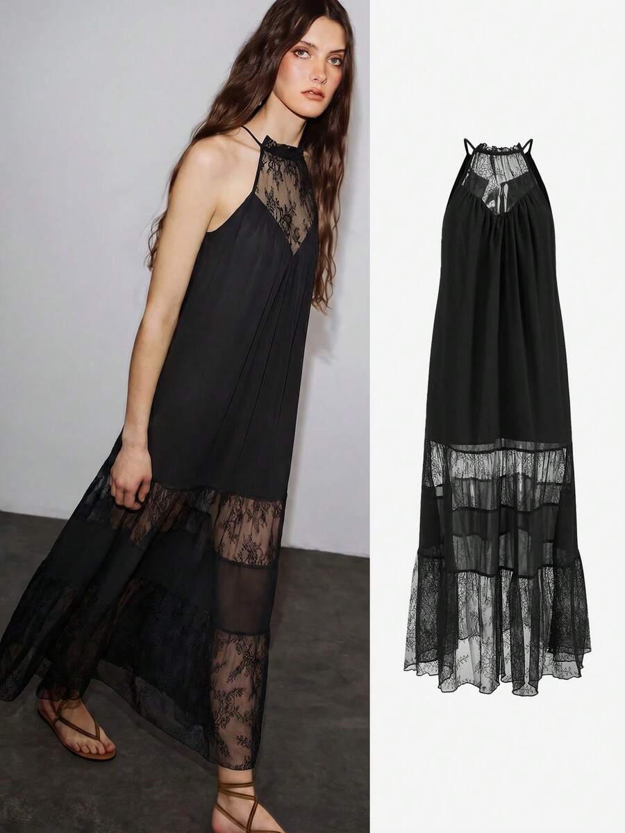 MOTF PREMIUM VESTIDO LARGO Y HOLGADO CON PARCHES DE ENCAJE PARA VACACIONES PRIMAVERA VERANO - Negro - Ver 1