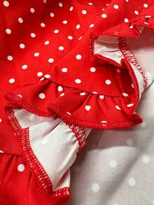 Tideelle Red And White Polka Dot Puff Sleeve Ruffle Crop Blouse, Coquette Cute French Sweet Style, Summer, Daily Picnic Vacation Everyday Date Street - Red - View 5