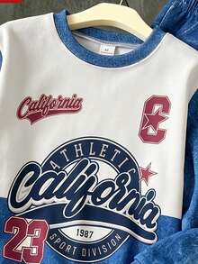 SHEIN Elladie kids 少女運動風字母圖案2件套服裝，拼色長袖衛衣上衣與藍色喇叭褲，休閒學院風秋季穿搭 - 藍色 - 查看 3