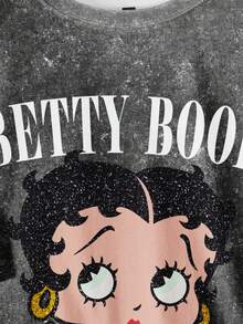 Betty Boop x SHEIN 大码卡通人物图案圆领短袖T恤 - 白色 - 查看 4