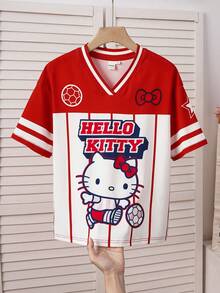 HELLO KITTY AND FRIENDS | SHEIN Kaos Lengan Pendek Kasual Serbaguna untuk Sehari-hari dengan Leher V dan Motif Kartun Huruf Warna-warni untuk Anak Perempuan Remaja. - Merah - View 4