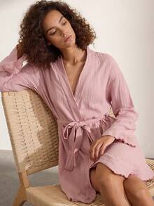 Ocili Comfortable Pure Cotton Soft Mesh Double Layer Robe Women's Loungewear Long Robe With Frill Trim - Pink - View 2