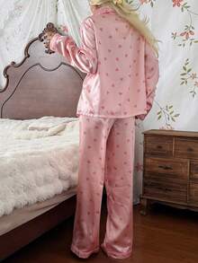 CottageSlumber Women's Faux Silk Heart Print Open Front Lapel Long Sleeve Pants Pajama Set - Pink - View 3
