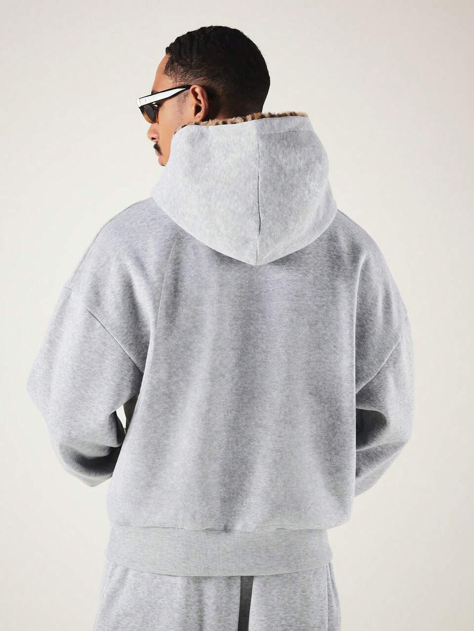 Oversized Boxy Crop Hoodie With Leopard Print New York Applique Chest Lettering And Contrast White Piping Detail