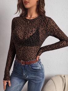 SHEIN PETITE CURVE 大尺碼女款時尚性感透視豹紋長袖上衣 - 棕色 - 查看 4
