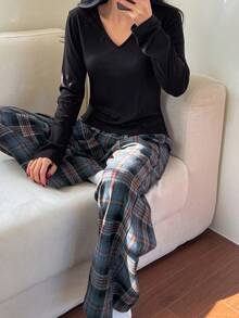 DAZY 两件套休闲舒适女士睡衣套装，春季保暖套装，秋冬季服装 - 黑色 - 查看 5