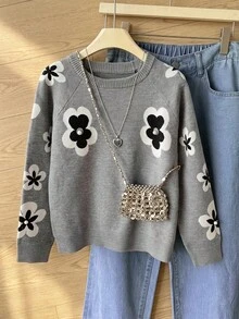 SHEIN 女童提花针织长袖毛衣，时尚简约，秋冬 - 淺灰色 - 查看 1