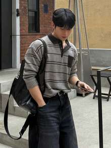 DAZY Spring/Autumn Grey Body Black Striped Jacquard Collar Contrast Color Polo Neck Men's Sweater - Grey - View 4