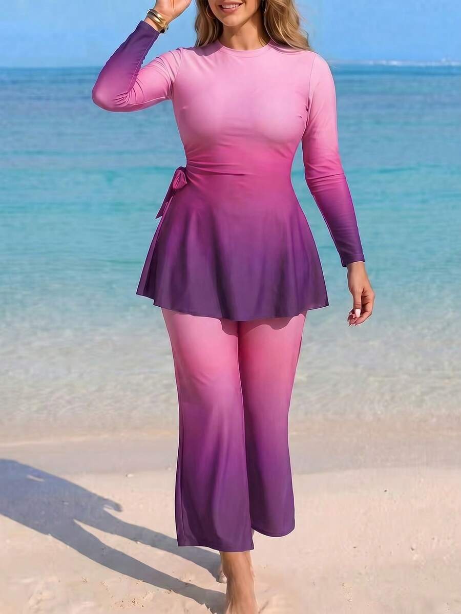 Swim Shayni 大尺碼女款漸層純色保守型海灘布基尼泳衣 - 紫色 - 查看 1