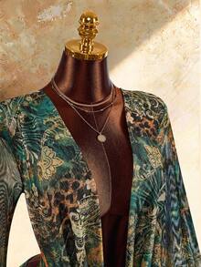 Amplova Leopard Print Cup Bustier Bodycon Bodycon Cross Satin Tie Contrast Color Lace Mesh Mini Dress For Women - Khaki - View 5