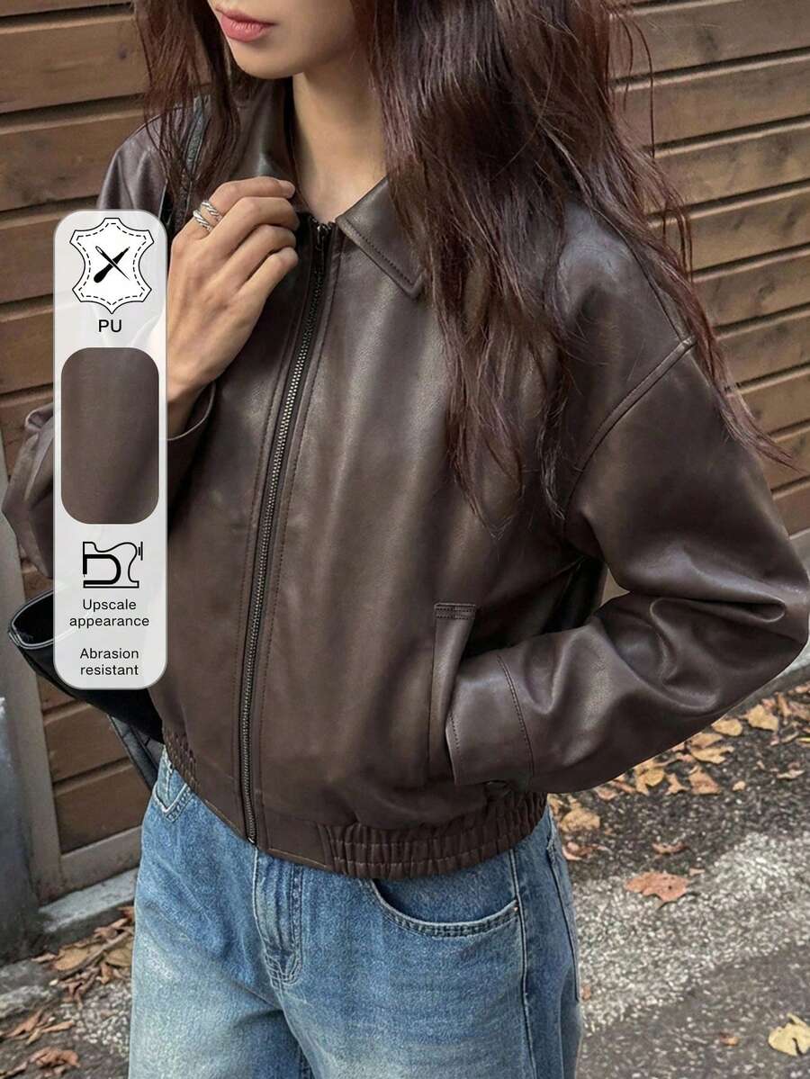 DAZY Spring New Vintage Leather Jacket, Short Style, Regular Fit, Suitable For Valentine's Day - Brown - View 1