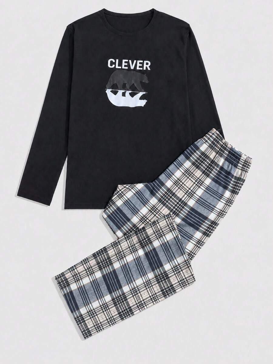 SHEIN Cottnline Cotton Men Bear Printed Regular Longsleeve Homewear Set Lounge Black And White White Autumn Graphic Cute - Black - View 1