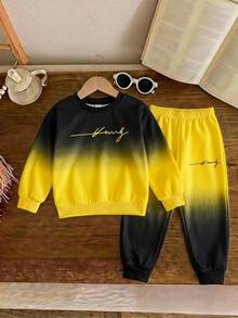 A Casual, Simple Letter-Print Crew Neck Gradient Sweatshirt And Matching Trousers For Baby Boys, Perfect For Spring And Summer. - Multicolor - View 4