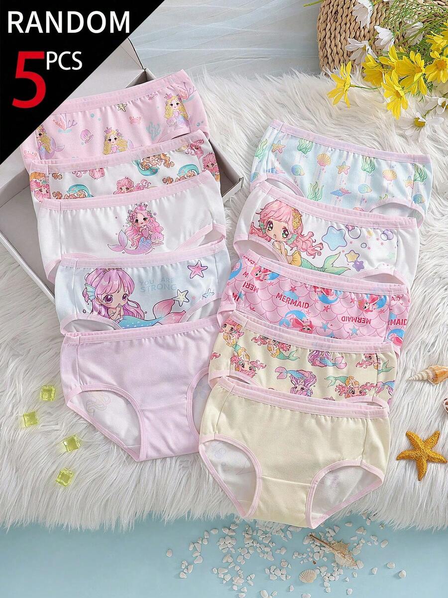 SHEIN 5pcs Random Blind Box Multi-Color Cute Cartoon Mermaid Princess Printed Comfortable Soft Fashion Triangle Panties - Multicolor - View 1