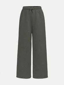 SHEIN 少女秋冬保暖內裡簡約寬鬆直筒運動長褲，深灰色素色，適合日常休閒穿著 - 深灰色 - 查看 9