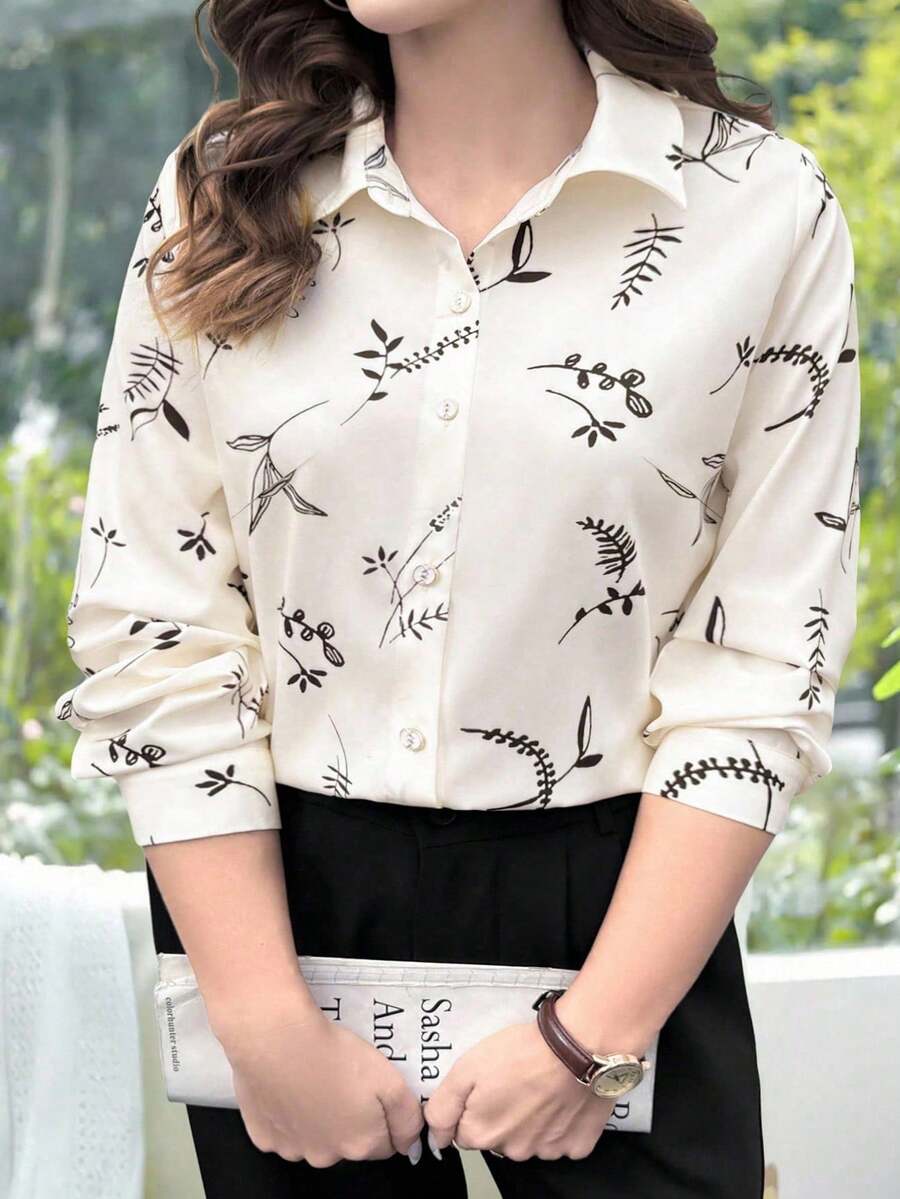 EMERY ROSE 女式大码休闲米色印花长袖衬衫 - 杏色 - 查看 1