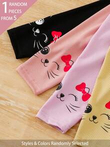 SHEIN 5 قطع مرسلة عشوائياً 1 قطعة بنطلون ضيق للفتيات الصغيرات لجميع الفصول الربيع والصيف بطبعة قطة وفيونكة حلوة وجميلة متعددة الاستخدامات ناعمة ومريحة محبوكة مضلعة بحافة مضلعة مجموعة متعددة القطع بنطلون ضيق - متعدد الألوان - مشاهدة 6