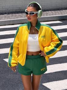 Muchica Women's Autumn Streetwear Graphic Color Block Outfit Printed Short Jacket High Waist Shorts Set Brazilian Football Beach Green And Yellow Dark Green - Yellow - View 5