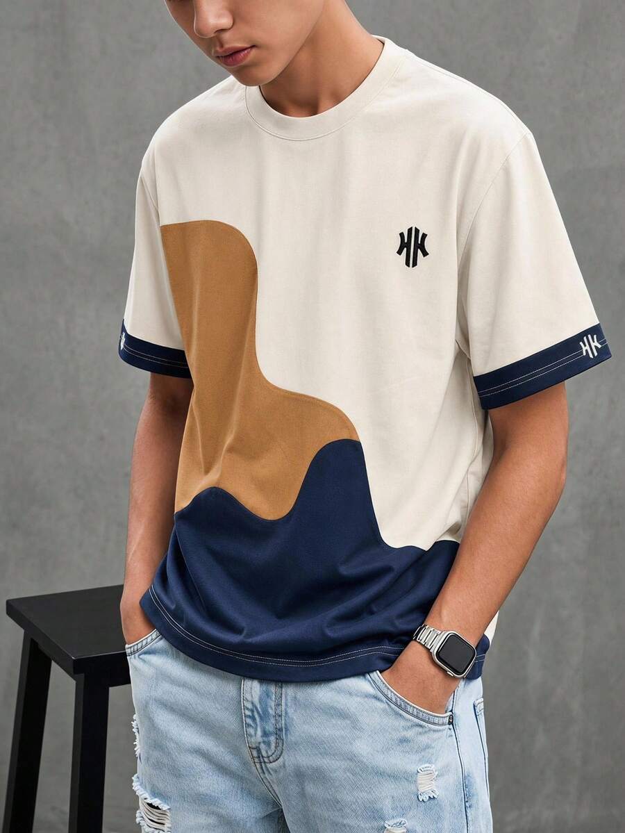 Boys' Classic Geometric Pattern Fresh Brown, White & Royal Blue Colorblock Wave Print Multi-Color Knitted Soft Comfortable Crew Neck Short Sleeve T-Shirt - Multicolor - View 1