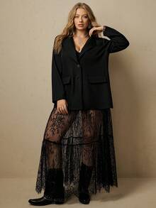 Freevana Plus Size Women Elegant Black Long Sleeve Suit Jacket And Sheer Lace Maxi Skirt Two Pieces Set Outfits Fall - Black - View 6
