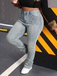 Slaydiva Plus Size Women's Stretch Denim Jeans, American Vintage Distressed Washed Design, Autumn Streetwear Cool Extended Length Skinny Stacked Jeans - Medium Wash - View 1