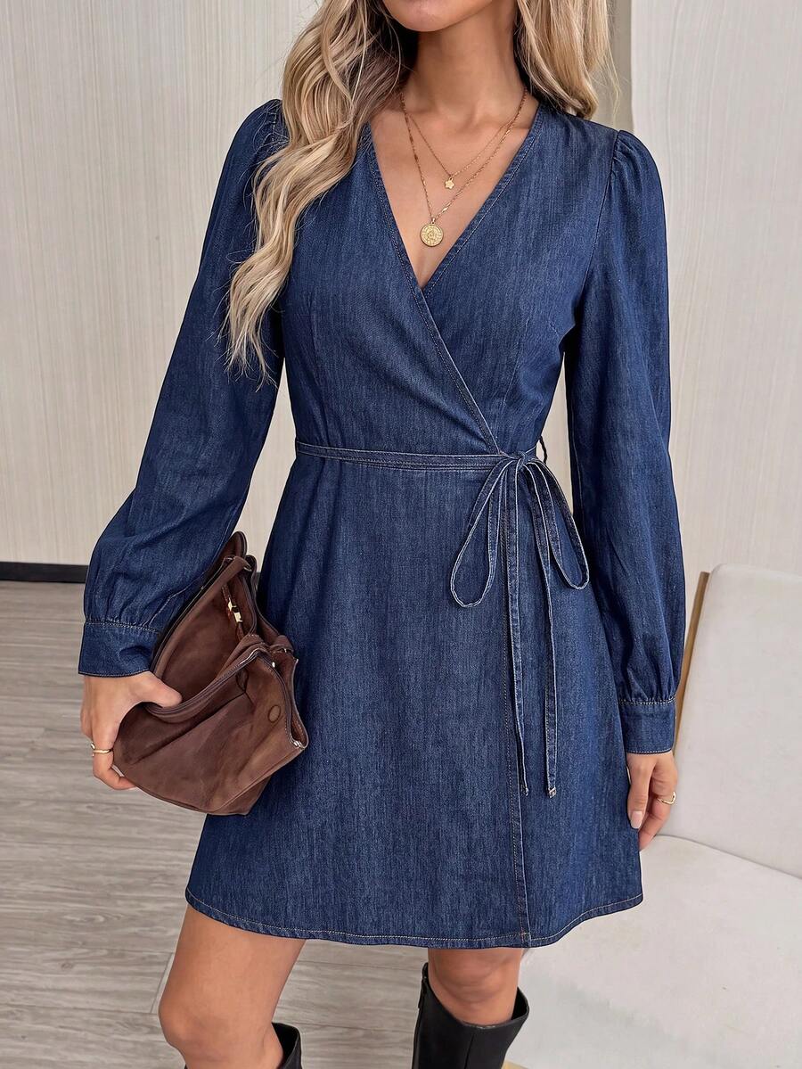 Easowa Women's Lace-Up Wrap Denim Dress - Blue - View 1