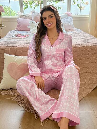 SweetSlumber Sweet INS Cute Bow Plaid Print Lapel Button Comfortable Satin Long Sleeve Long Pants Women Pajama Set
