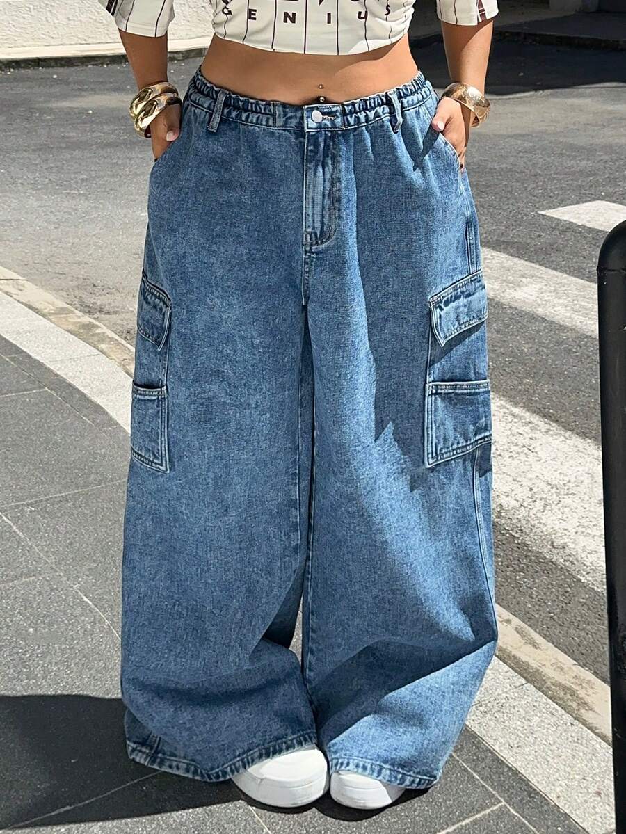 Jeanoix Plus Size Casual Washed Wide Leg Cargo Jeans - Blue - View 1
