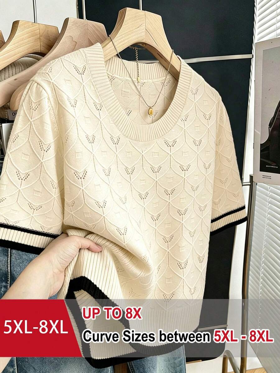 SHEIN CURVE+ 大码女式休闲简约日常百搭通勤针织衫,舒适优雅时尚,街头风十足,圆领短袖撞色几何提花宽松修身针织衫。 - 彩色 - 查看 1