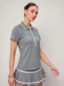 Activina 女款拉鍊設計插肩袖短袖休閒健身運動 Polo 衫 - 灰色 - 查看 6