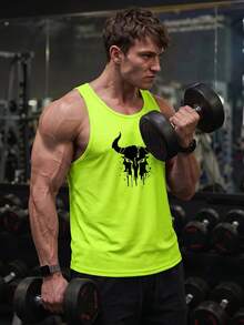 GymBeat Men's Summer Letter Graphic Loose Fit Muscle Tank Top Sleeveless Workout Shirts Neon Workout Top, Gym Sports - Mustard Yellow - View 3