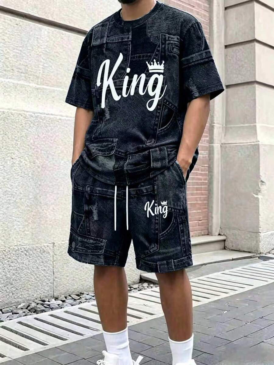 Manfinity Hypemode 男士丹寧效果字母印花休閒運動居家旅行兩件式短套裝 - 藏蓝色 - 查看 1