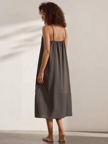 Ocili Comfortable Natural Linen Striped Loose Patchwork Spaghetti Strap Nightgown Women's Loungewear Dress - Coffee Brown - View 3