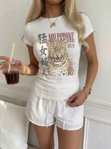 CovetEZ 95%棉休閒修身版型T恤，虎紋印花，夏季服飾，街頭風，適合日常通勤、約會、派對、秋冬/夏季、婚禮、海灘、畢業典禮，優雅休閒，適合出遊、Y2K、音樂節穿搭、度假服飾、返校服裝 - 白色 - 查看 3