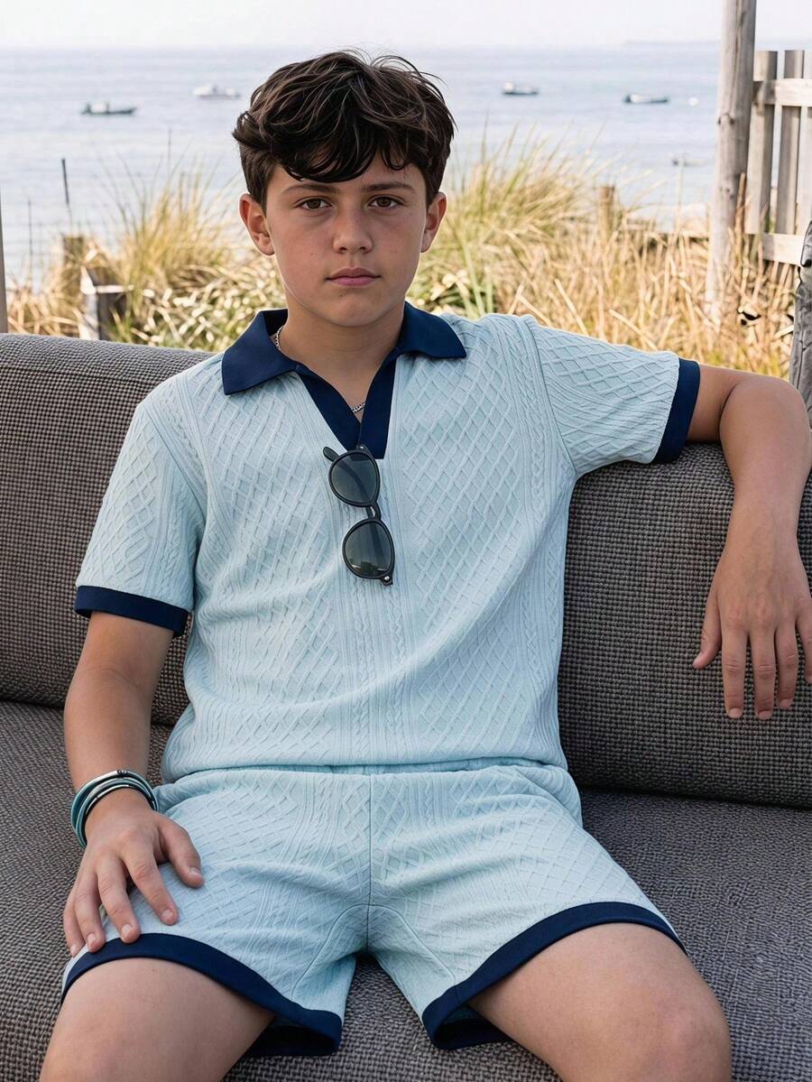 Tween Boys Summer Baby Blue Casual Classy Minimalist Jacquard Colorblock Short Sleeve Top Shorts Set Loose Fit Comfortable For Vacation Holiday - Blue - View 1