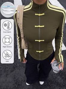 Muchica Yellow Autumn New Women's Knit Sporty Style 90s Ribbon Button Design Sun Protection Thin Jacket Everyday Night Theme - Army Green - View 1